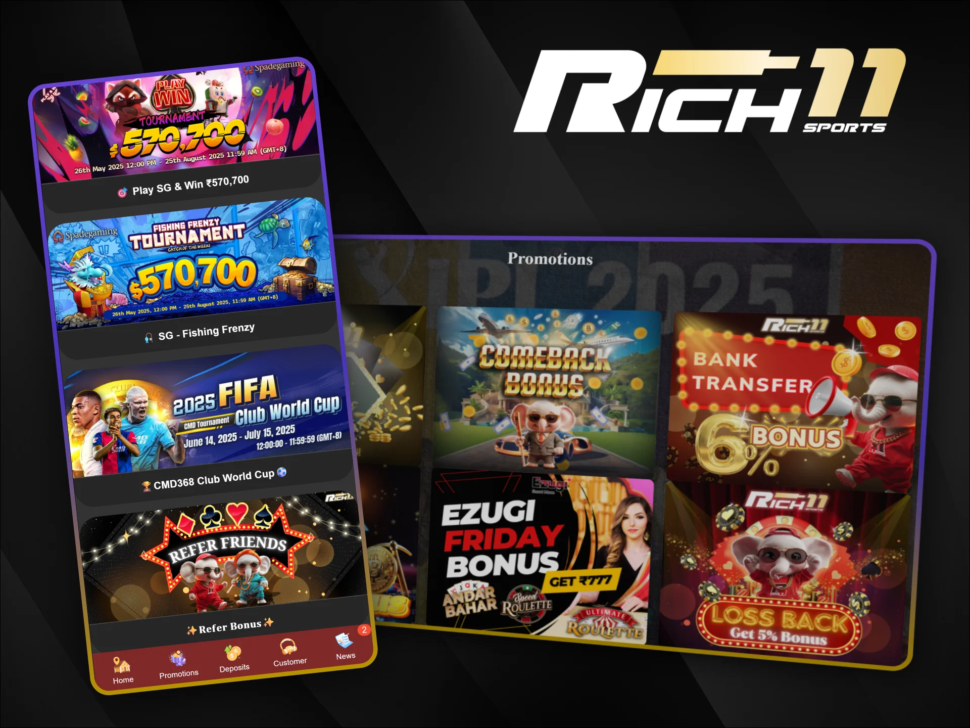 Get welcome bonuses and free spins after registering at Rich11 casino.