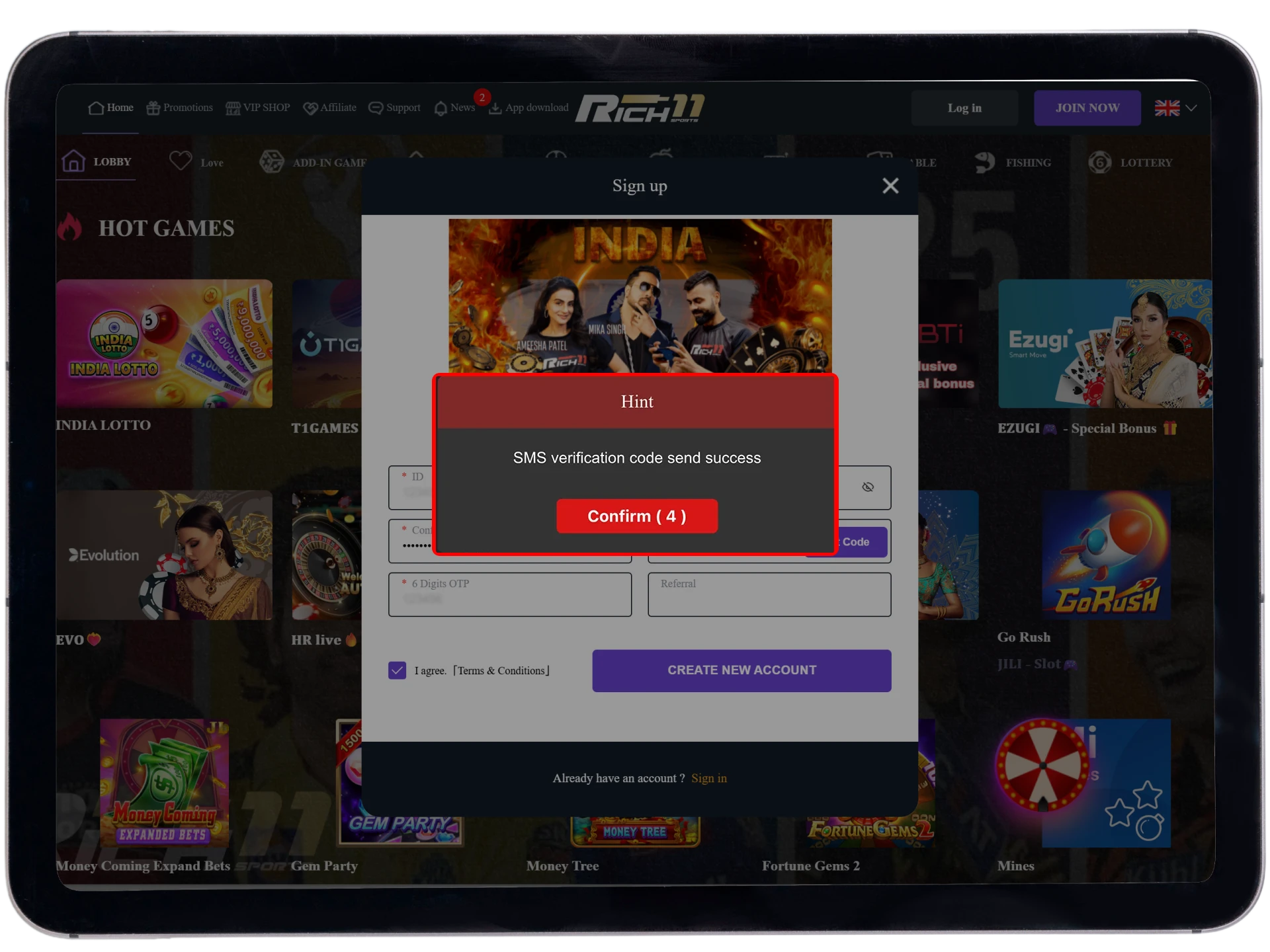 Get your welcome bonus after completing registration at Rich11 casino.