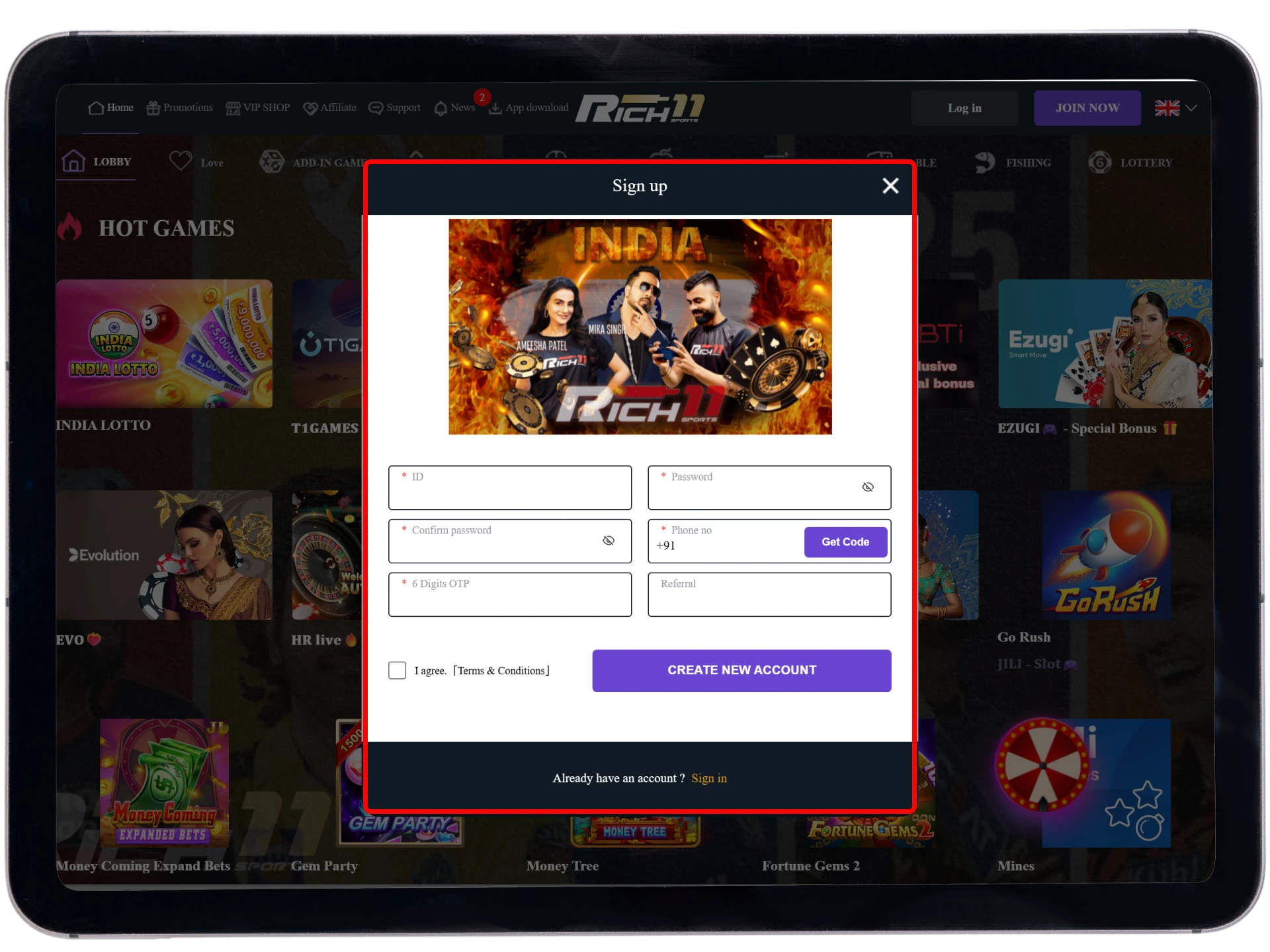 Fill in your data and confirm to join Rich11 casino today.