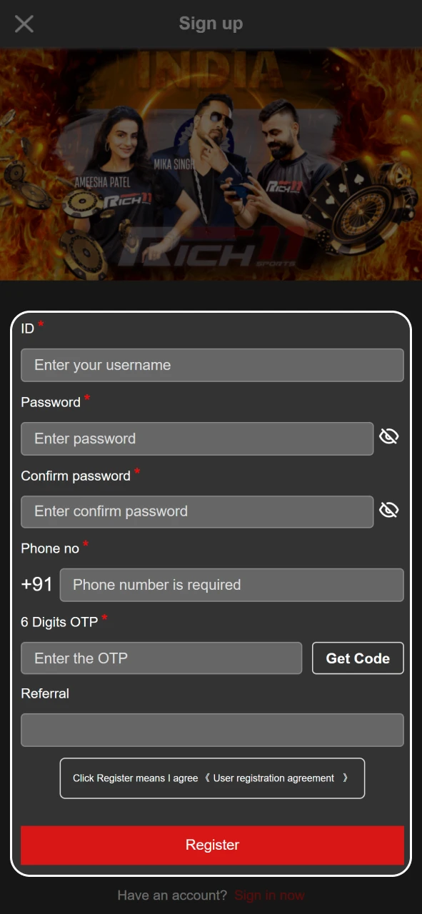 Enter your phone number and password to sign up on the Rich11 app.