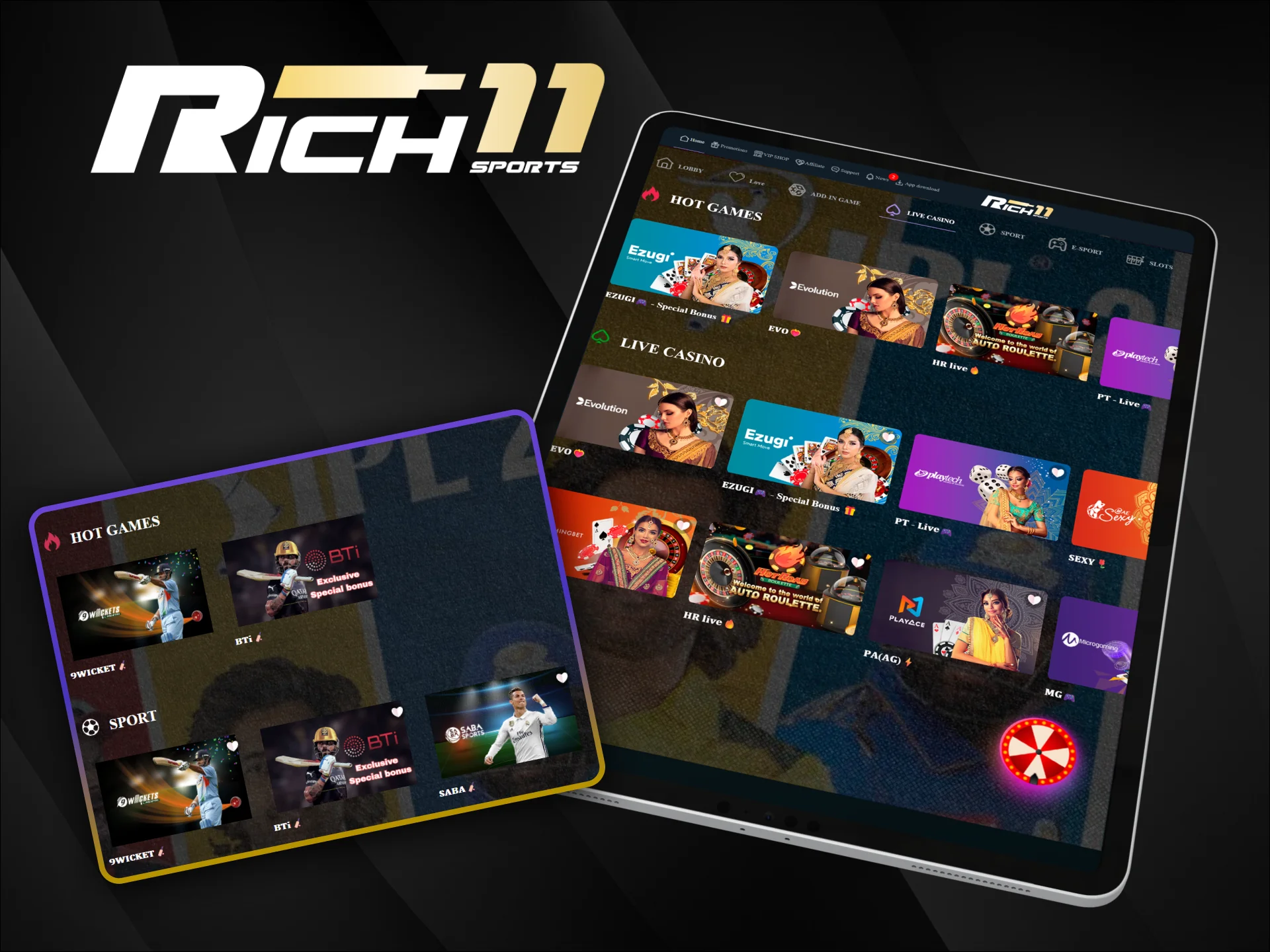 Play casino games and place bets on sports in the official Rich11 mobile app.