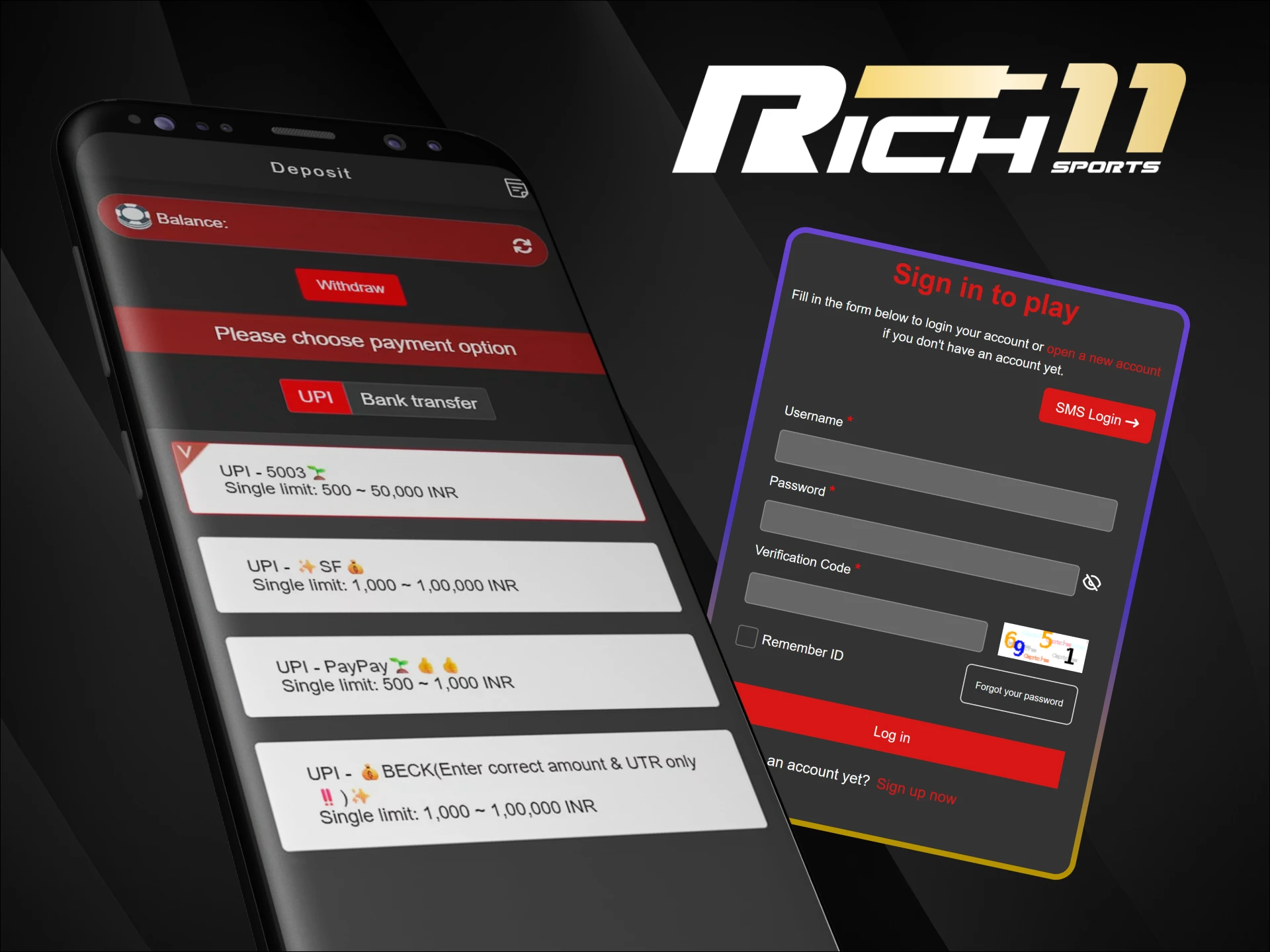 Make a deposit easily through the official Rich11 app using convenient payment methods.