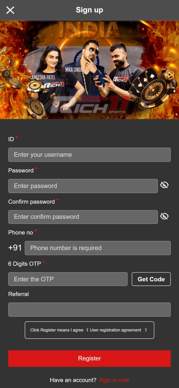 Register a new account in the official Rich11 app by entering your phone and ID.