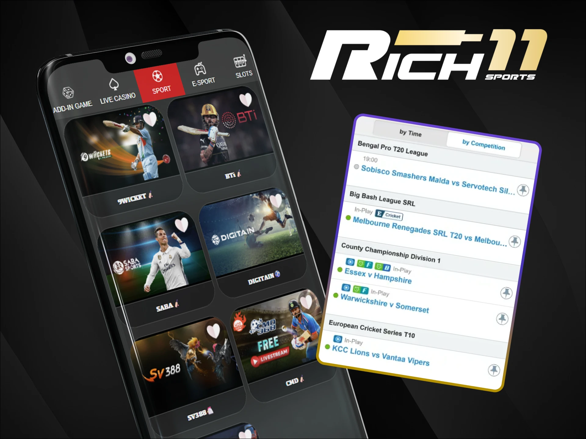 Bet on popular sports in the official Rich11 app with odds in INR and quick bet results.