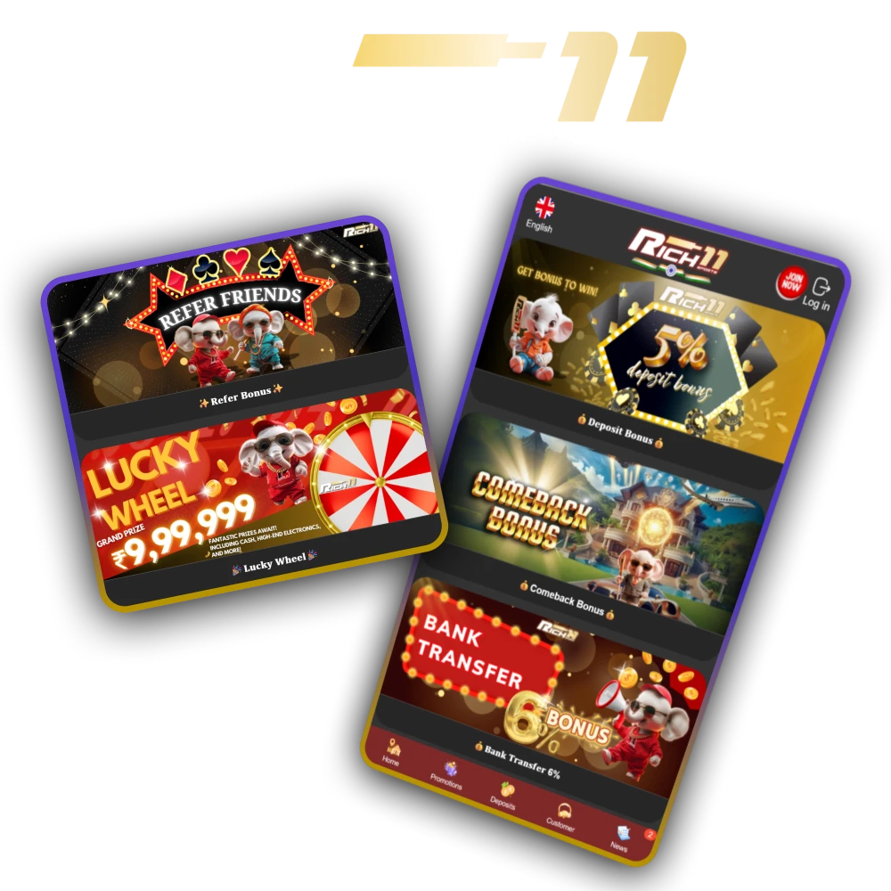 Get welcome offers and other bonuses at the official Rich11 casino.