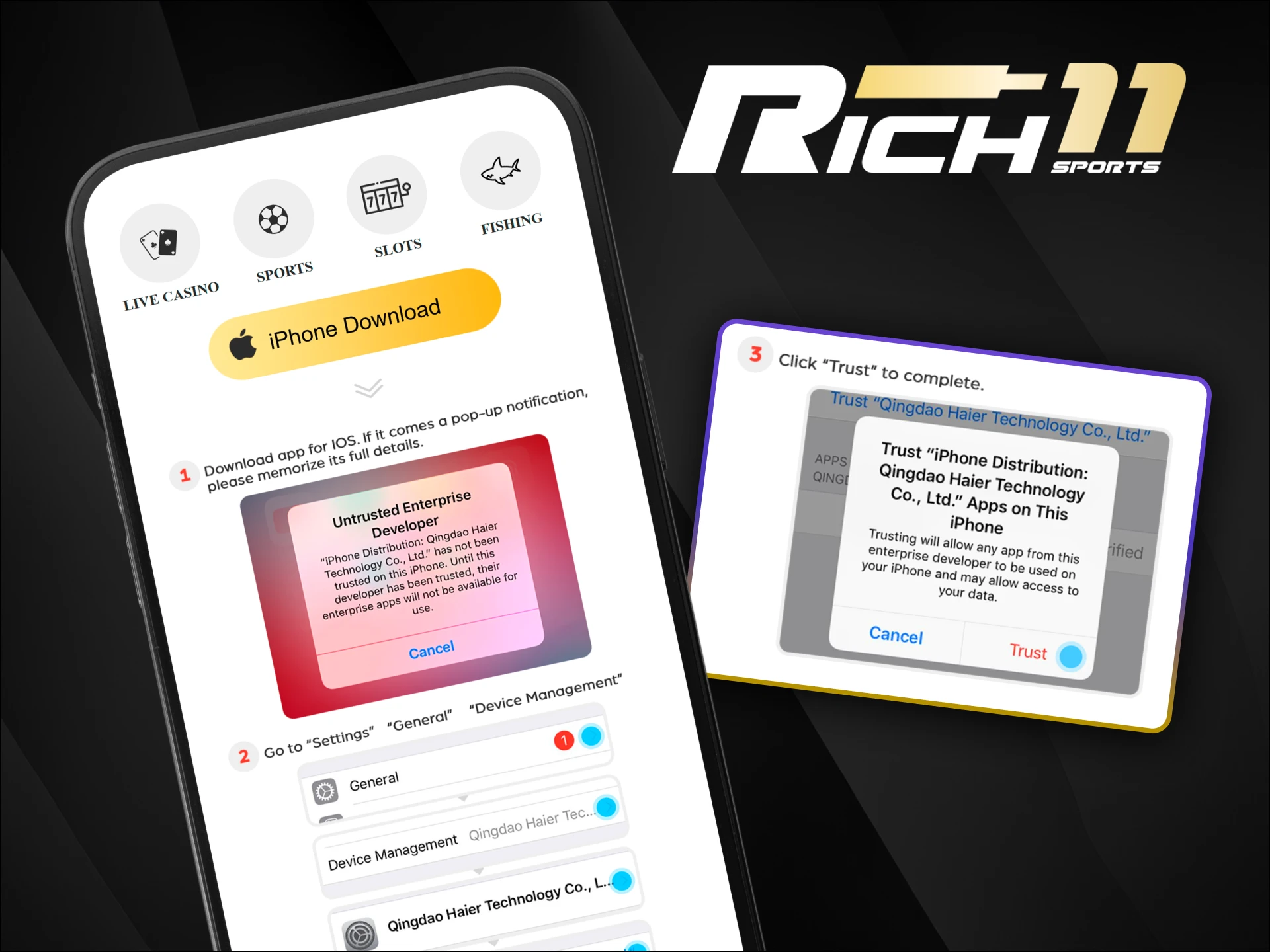 Install the official Rich11 app on your iPhone through the Safari browser.