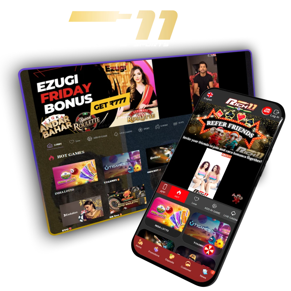Play casino games and bet on sports at the official Rich11 website in India.