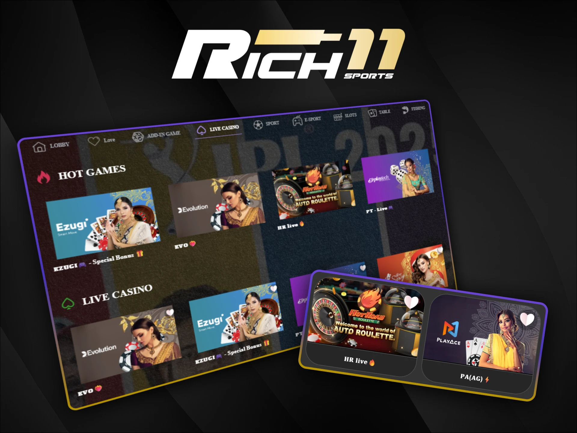 Experience real-time gameplay with live dealers in the Rich11 Live Casino section using Indian rupees.