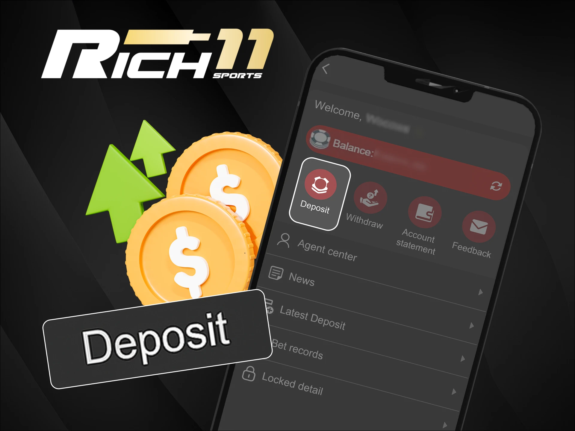 Follow simple steps to deposit money on the official Rich11 casino website.