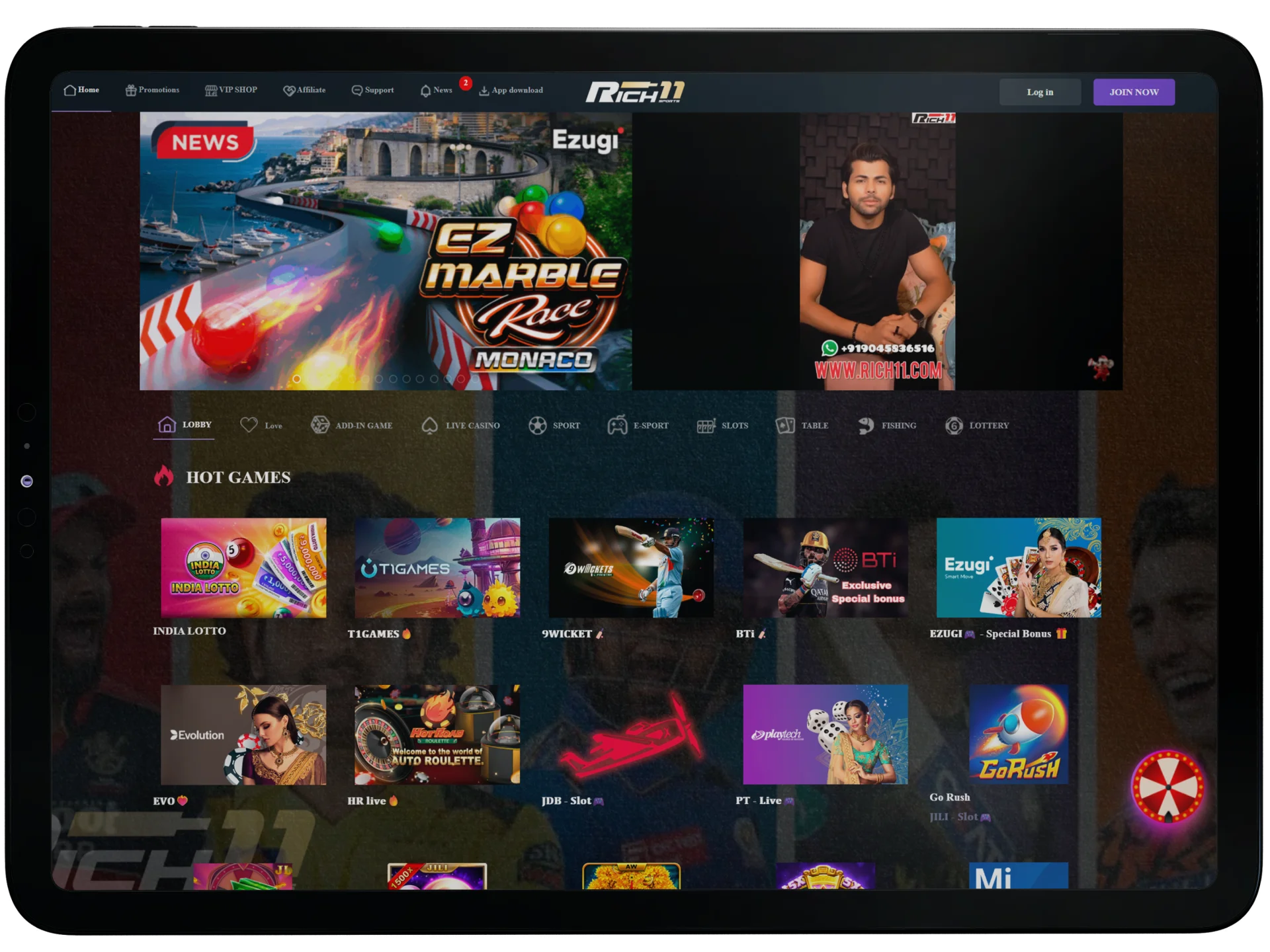 Explore games and bonuses on the official Rich11 home page.