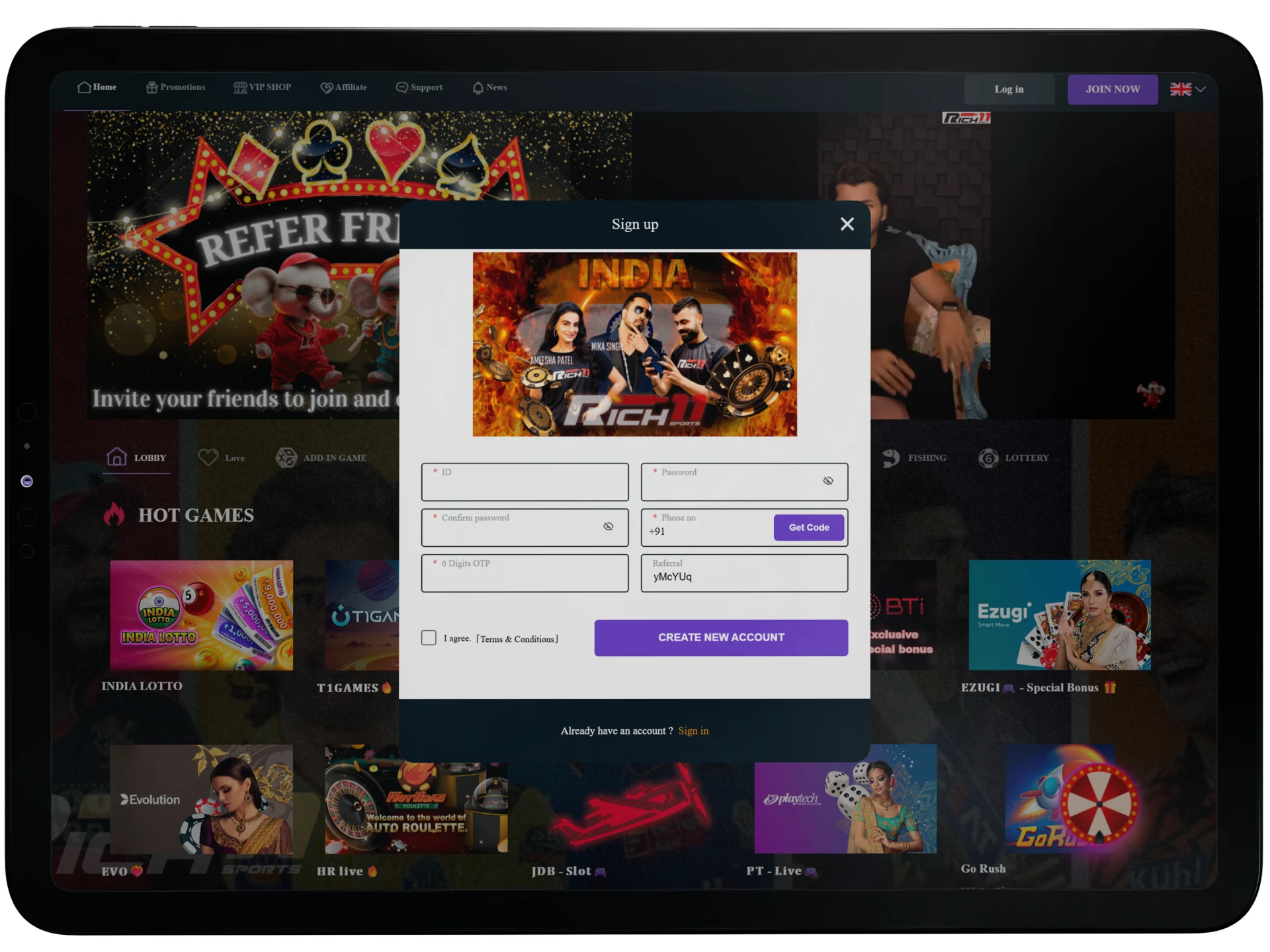 Complete the quick sign-up process on the official Rich11 website.